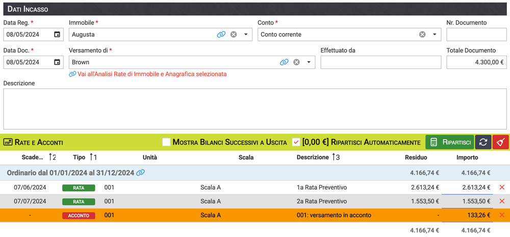 Incasso in acconto per eccesso versamento - Arcadia